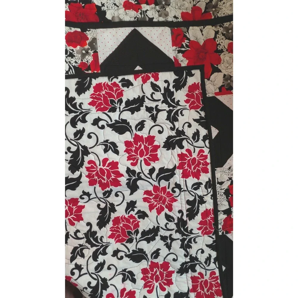Handmade Baby Quilt Red Black White Floral Geometric Star Patchwork 40x40 Square